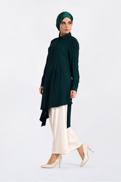 Alvina 4706 Model Asymmetrical Cut and Pleat Detailed Tunic