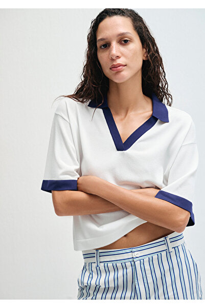 Mavi Navy Blue Collared White Knitwear Polo 1710748-70057