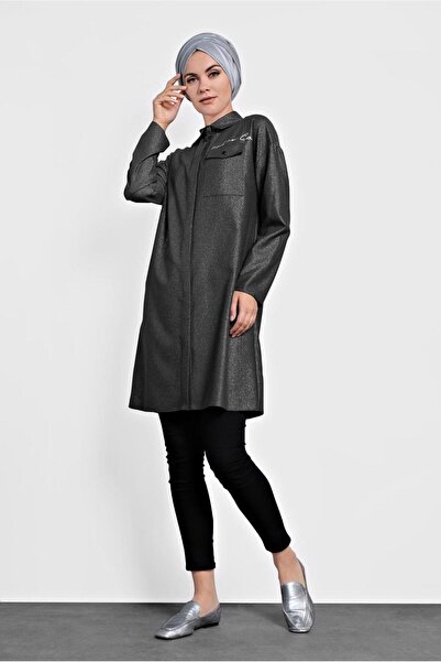 TRENDTESETTÜR Women's Khaki Men's Collar Shiny Tunic 40211