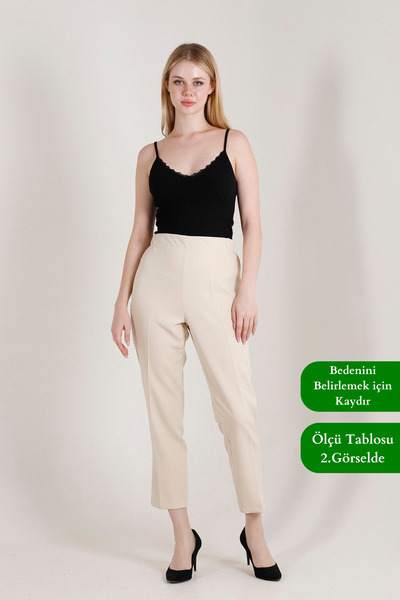 Balenbi High Waist Beige Lycra Woven Women's Trousers - Carrot Leg 1005