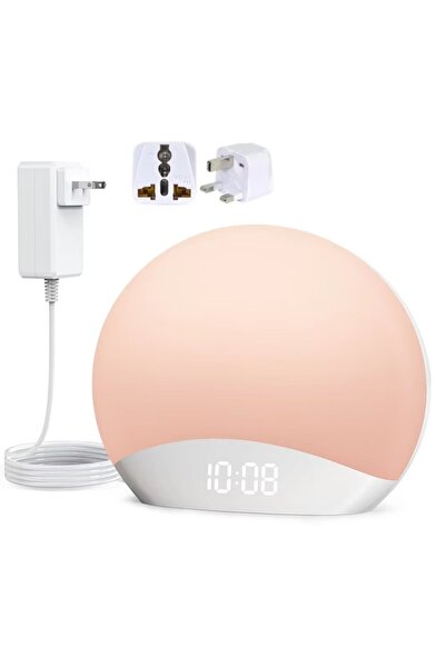 Choice ساعة منبهة للطاولة من British Awakening مع خاصية الاستيقاظ عند شروق الشمس، قابلة للتعتيم، مزودة بثلاث حلقات و8 أضواء ليلية و26 صوتًا