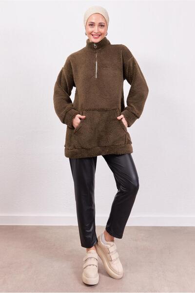 TRENDTESETTÜR KADIN KAHVE FERMUARLI PELUŞ TUNİK T 4453