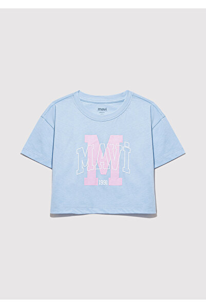 Mavi M Logo Printed Blue T-Shirt Loose Fit / Loose Relaxed Cut 7610276 -80213