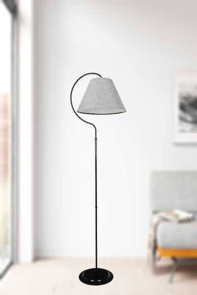 VENON Tek Ayaklı Lambader Silver Mia Elips Siyah Metal Gövde Açık Gri Kumaş Şapka Salon Köşe Lambası
