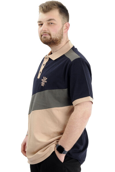 ModeXL Navy Blue Large Size Men's Polo Collar T-Shirt U24322 - Color Block