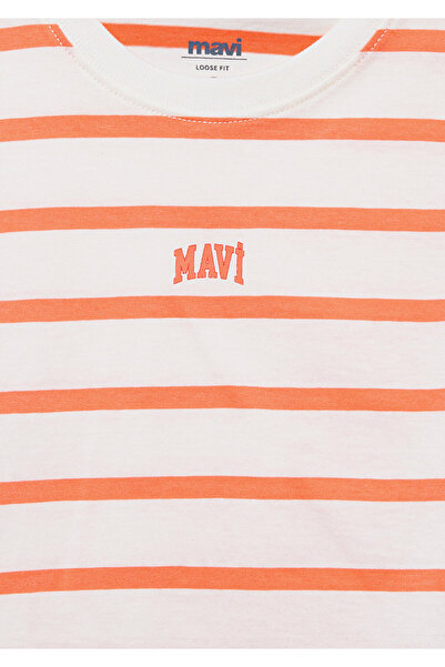 Mavi Orange Striped Logo Printed Crop T-Shirt, Loose Relaxed Fit