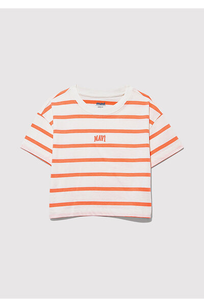 Mavi Orange Striped Logo Printed Crop T-Shirt, Loose Relaxed Fit