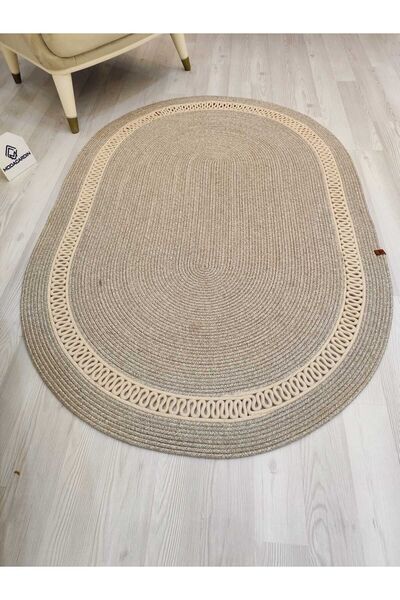 ModaCardin jüt Hasır görünümlü Desenli Modern El Örgüsü oval Halı Kilim