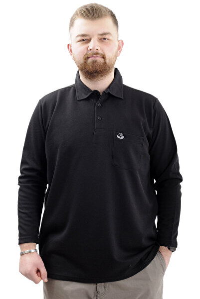 ModeXL Men's Polo Neck Sweatshirt - Long Sleeve, WAFFLE 23449 Black, Plus Size