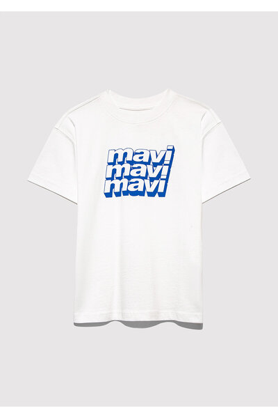 Mavi Logo Printed Ecru T-Shirt Loose Fit / Loose Relaxed Cut 6610284 -70057