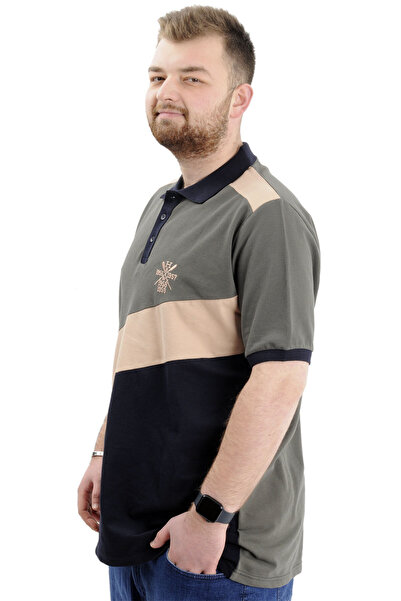 ModeXL Men's Polo Collar Large Size T-Shirt - Color Block, U24322 Khaki