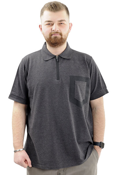 ModeXL Men's Polo Neck Zippered T-Shirt - Large Size, Pocket, Anthracite U24325