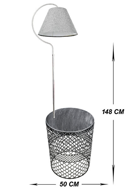 VENON Sehpalı Lambader Siyah Gümüş Silver Patine Elips Gümüş Patine ⭐️ Açık Gri Kumaş Şapka⭐️Salon Köşe