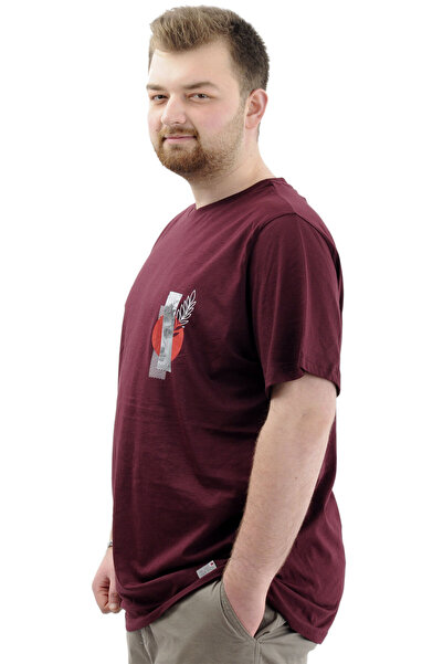 ModeXL Men's T-shirt - Crew Neck, Printed LEAF U24069, Plum, Large Size