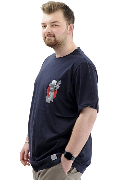 ModeXL Men's Navy Mode XL Large Size T-Shirt - Crew Neck, Printed LEAF U24069