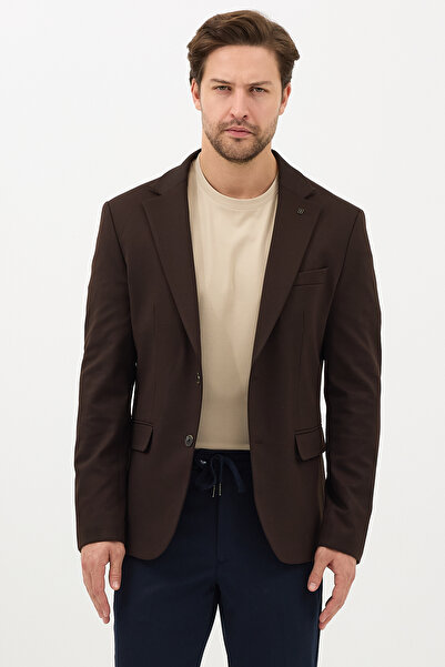 Frappoli Alfonso Men's Dark Brown Cotton Stretch Fabric Slim Fit Knitted Stretchable Mono Collar Sports Blazer Jacket