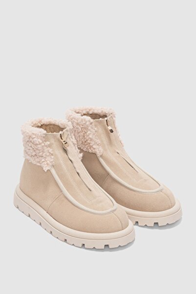 selin shoes Bruve Front Zipper Detailed Fur Genuine Leather Suede Women's Boots-Ekru