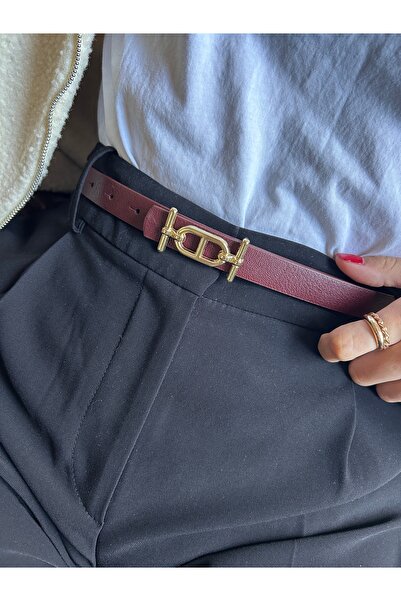 LİA KEMER Pearl Classic Long Patterned Women's Gold Buckle Belt Coat Belt Dress Belt Trouser Belt