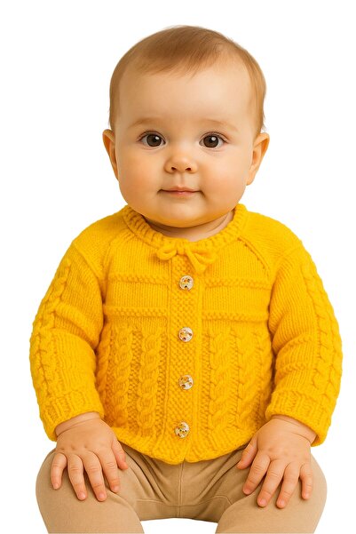 Uretti - Kadir 7704 El Örgüsü Bebe Yün Robalı Yaka Kız Bebek Hırka - 10 / 12 Ay