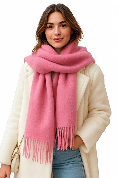 ZERAMİNE Γυναικείο χειμερινό κασκόλ με φούντες σε ροζ χρώμα |   Χοντρό σάλι με απαλή υφή - Απαλό μαντήλι μπουκλέτας - Μοντέλο ζυμαρικών