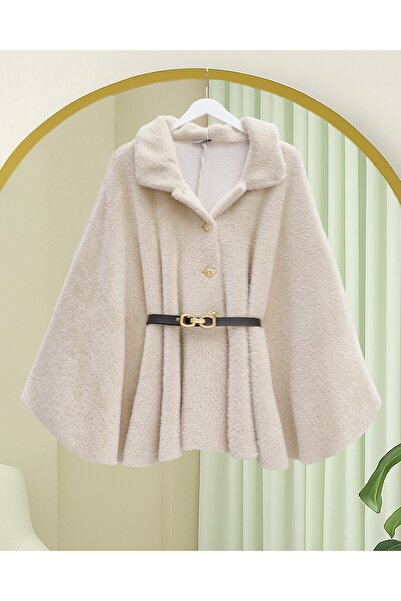 Modamorfo Gold Button Detail Belted Alcantara Poncho -Beige