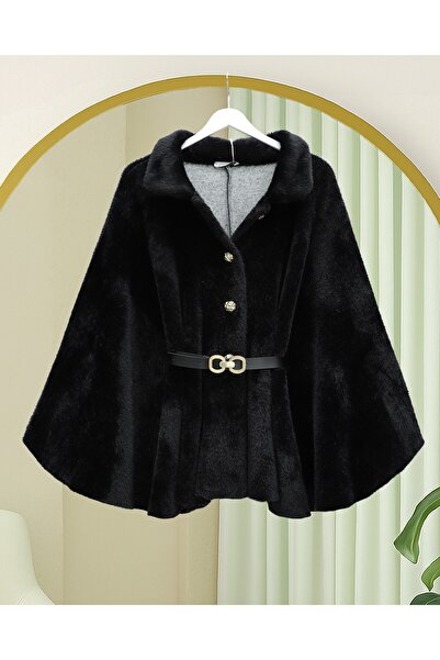 Modamorfo Gold Button Detail Belted Alcantara Poncho -Black
