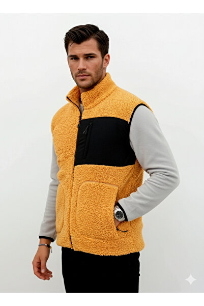 OXVİN Plush Vest Woolen Lamb Welsoft Bone Zipper Pocket Detail (Full Size)