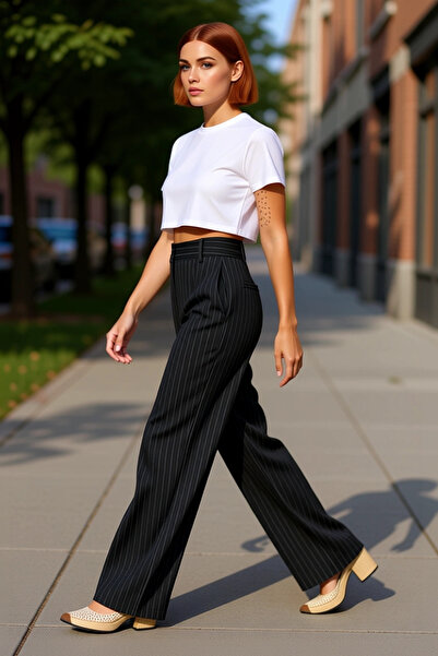 PayBuy Γυναικεία Μόδα Ψηλόμεση Ριγέ Παντελόνι Straight Fit Interlock Πλεκτό Χ...