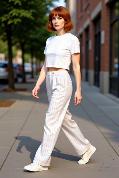 PayBuy Дамски модни панталони с висока талия, с релефни линии, с джобове, с у...