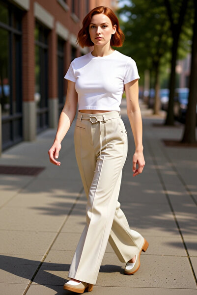 PayBuy سراويل نسائية عصرية واسعة الساق وخصر عالي مع حزام من القطن للاستخدام ا...