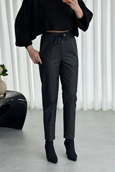 floral fashıon Γυναικείο παντελόνι Jogger από συνθετικό δέρμα ελαστικό ύφασμα ελαστικό ύφασμα με μαλακό βαμβάκι εσωτερικά Sh επένδυση fleece Μαύρο ματ