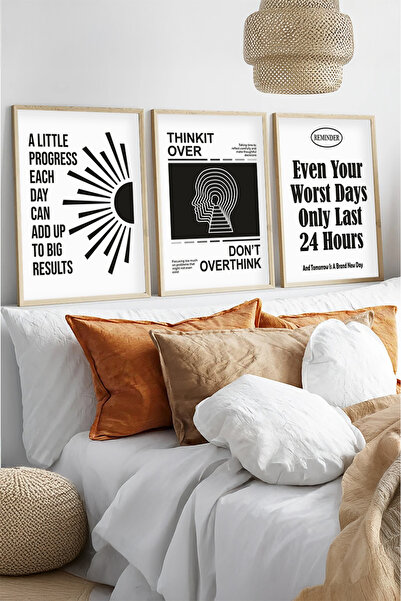 huhuli Ahşap Çerçeveli Motivasyon Yazılı 3'lü Tablo Seti Huhu563