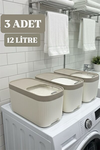 Bayev 3 Adet Apex Krem 12 Litre Kayar Kapaklı Deterjan Kabı-Ölçekli Tekerlekli Erzak Bakliyat Saklama Kutu
