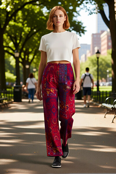 PayBuy Women's Fashion Ethnic Patterned Elastic Leg Baggy Trousers High Waist Viscose Daily Use