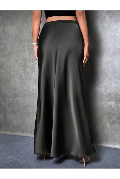 LUVIENNA High Waist Black Satin Maxi Skirt – Flowy Draped Stylish Form