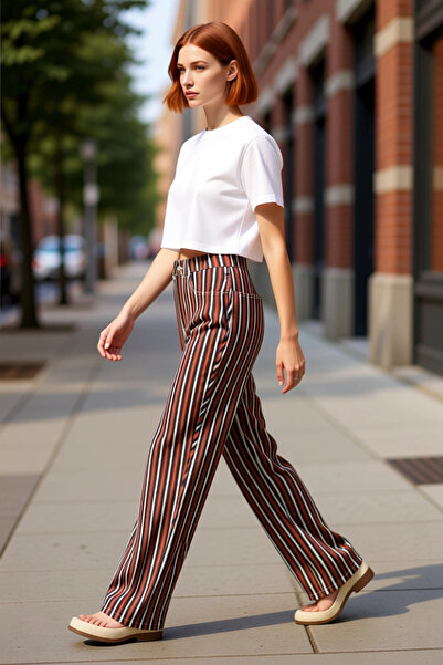 PayBuy Women's Fashion Striped Patterned Regular Waist Wide Leg Baggy Jean Pants Cotton Casual Modern Design