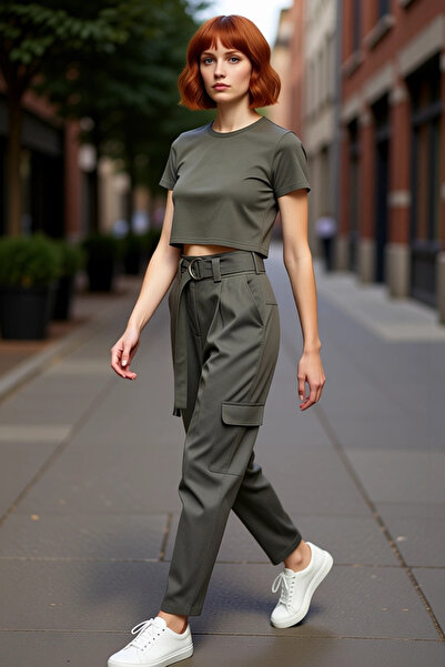 PayBuy Moda pentru femei Pantaloni țesuți cu centură cu talie înaltă Bumbac C...