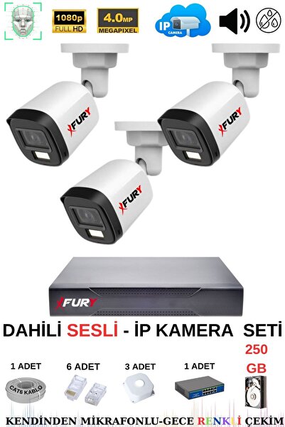 FURY Ip Güvenlik Kamera Seti 3 Kameralı Sesli 4mp Gece Renkli Su Geçirmez Ip5515s 250gb