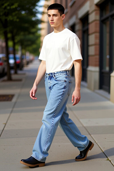 PayBuy Moda bărbați Baggy Fit Pantaloni largi din denim Bumbac Regular Băiat ...