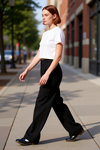 PayBuy Pantaloni țesuți plisați cu picioare largi la modă pentru femei, cu ta...