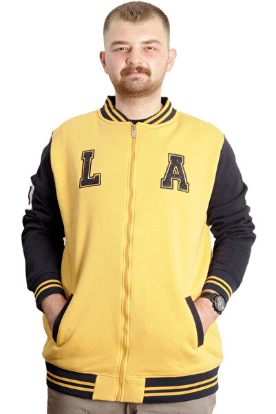 ModeXL Plus Size Men's College Coat Embroidered Jacket 23632 Mustard