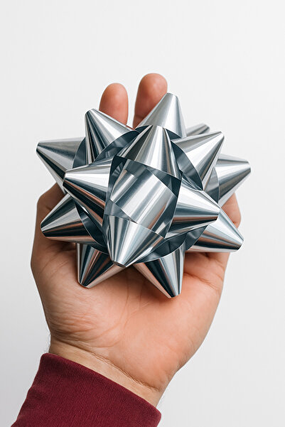 Dekals 3 Adet BÜYÜK-10 CM Parlak GÜMÜŞ Metalik Fiyonk Hediye Kutusu Süsü Rafy...