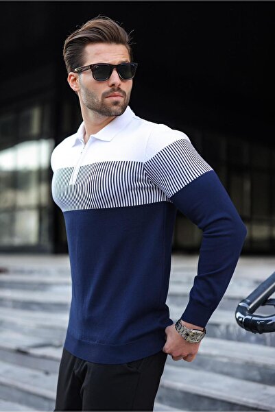 Madmext Navy Blue Zipper Collar Color Block Long Sleeve Sweater 7262