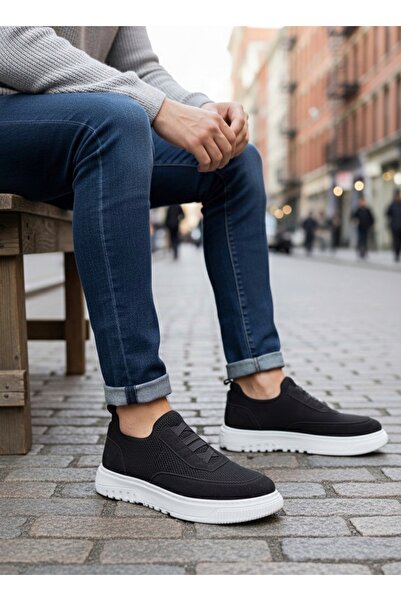 pabucmarketi Laceless Rubber Detailed Knitwear Men's Hi Sneaker Black (White ...