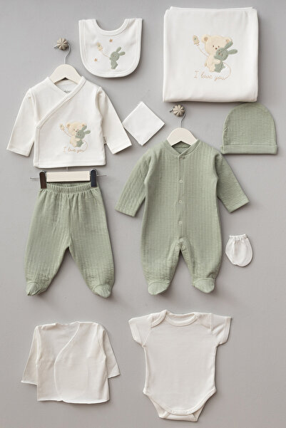 Bebitof 10 Piece Boxed Newborn Hospital Discharge Bodysuit Set with Hugging Teddy Bear Pattern