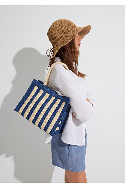 Mavi Navy Blue Striped Straw Tote Bag 1912103-30717