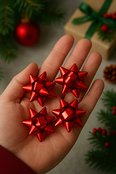 Dekals 10 Adet Metalik KIRMIZI Fiyonk Çekyıldız Hediye Paketi Süsü Rafya Yapışkanlı Yıldız Süs