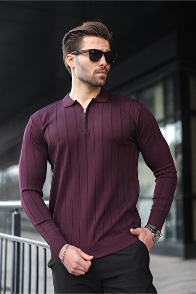 Madmext Burgundy Polo Neck Zippered Knitted Sweater 7242