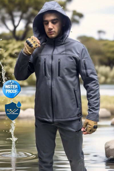 Polviton Softshell Waterproof and Windproof Men's Jacket with Fleece Inside, Can Be Used with or Without a Hood