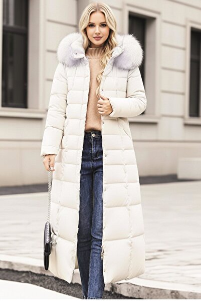 Barbora Kışlık Tam Boy Kürklü Kapüşonlu Şık Kadın Şişme Mont